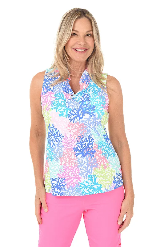 Neon Coral UPF50+ Ruffle Sleeveless Top