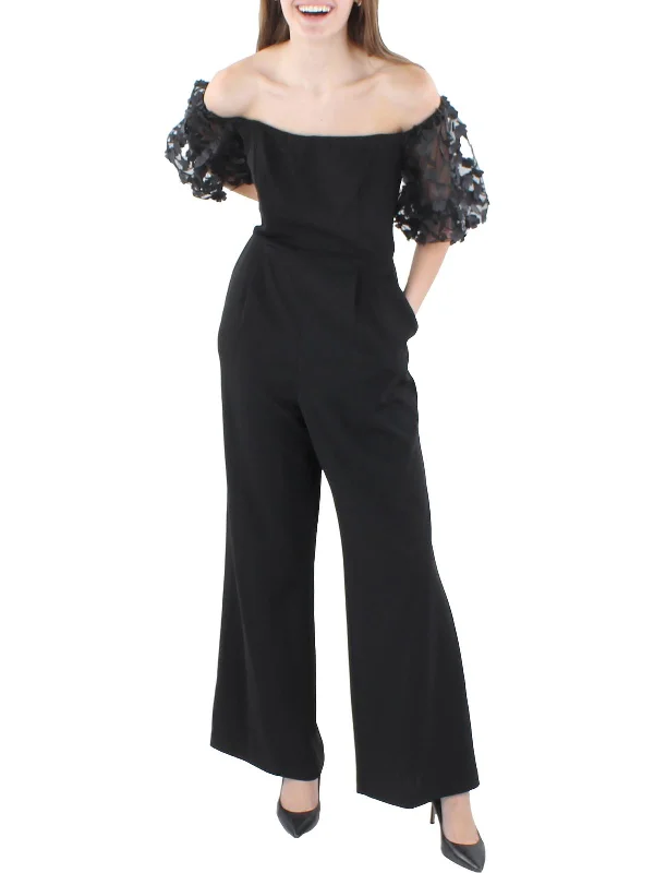 Petites Womens Floral Applique Off-The-Shoulder Jumpsuit